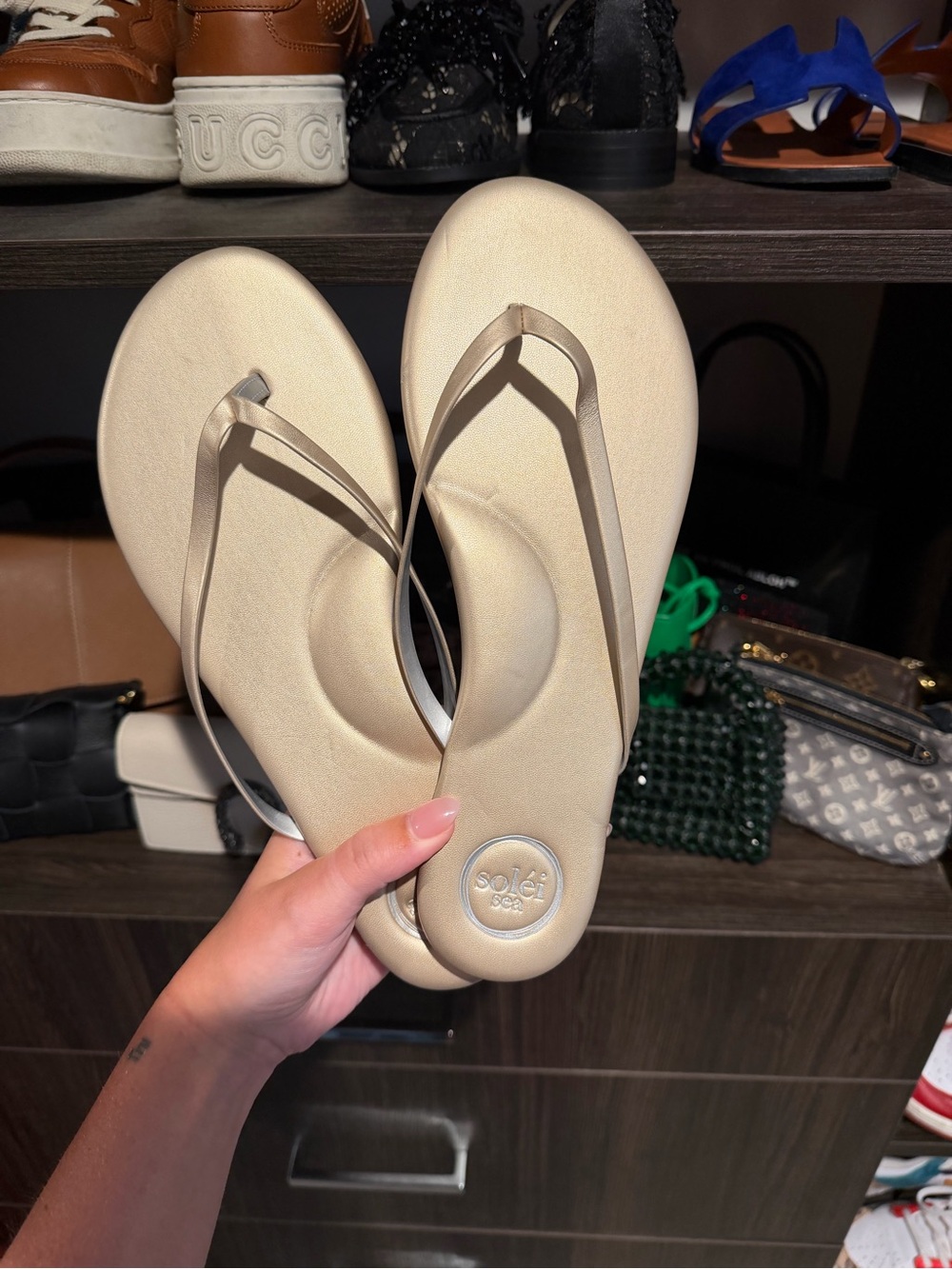 Solei Sea Beige/Gold Comfort Flip Flop Sandals - Women